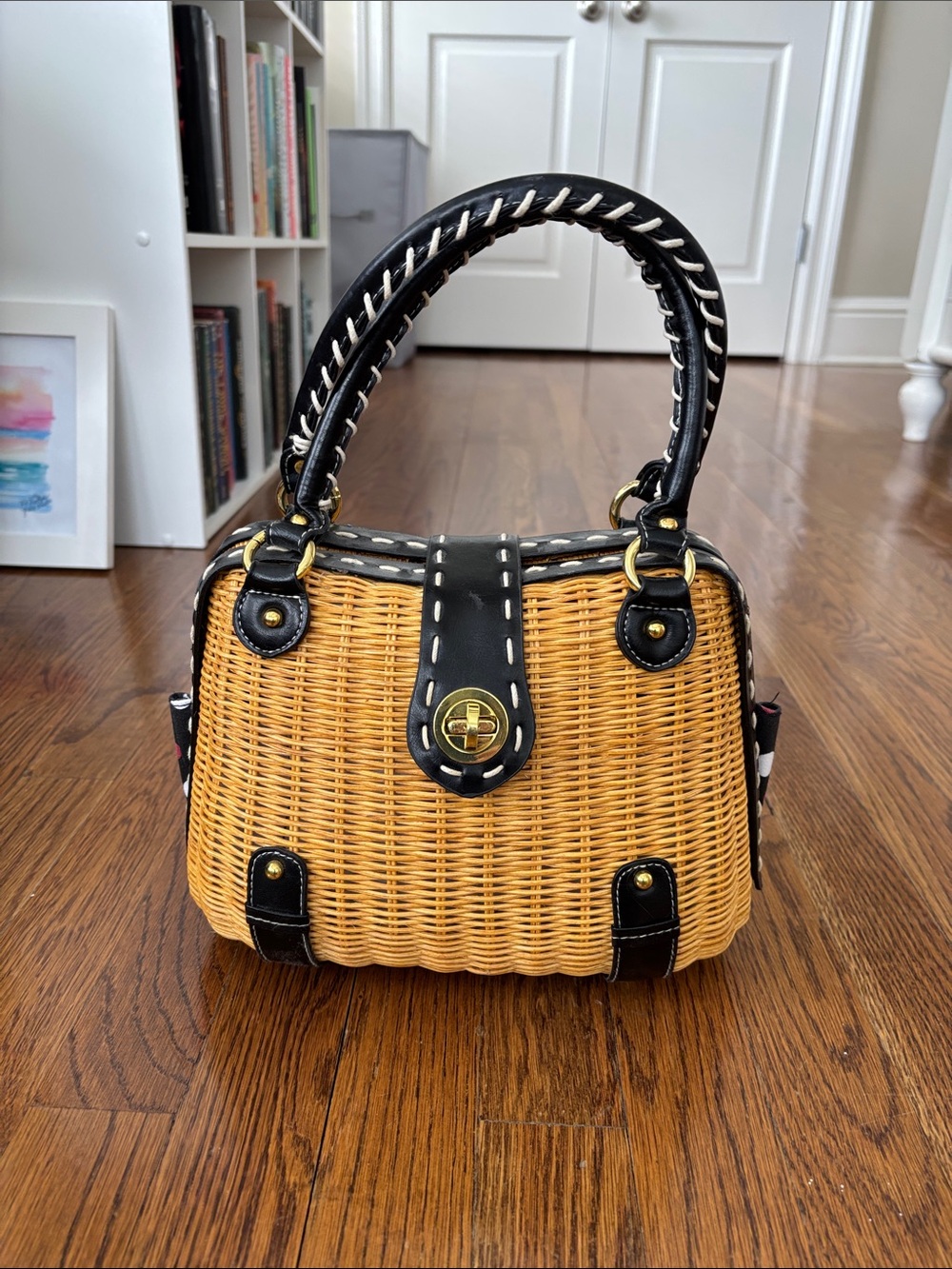 Woven Rattan Mini Satchel Handbag with Black Leather Trim